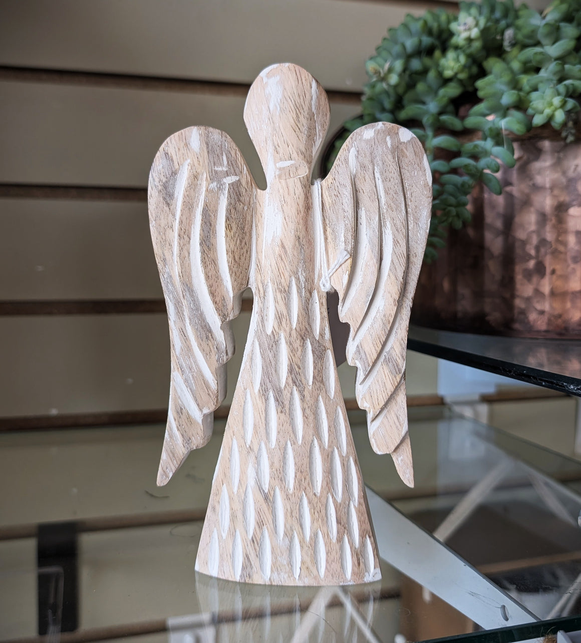 Small, White Washed Memorial Wooden Angel