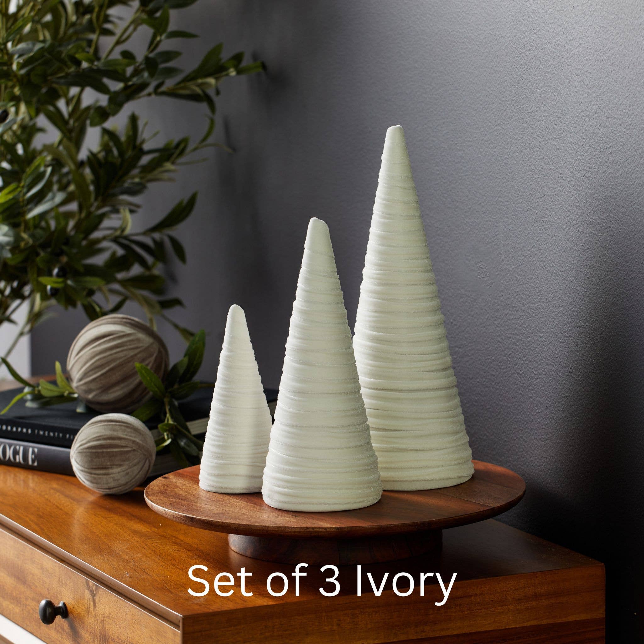 Trees Velvet Set of 3 Holiday Tabletop, Sophisticated Decor: Light Ivory