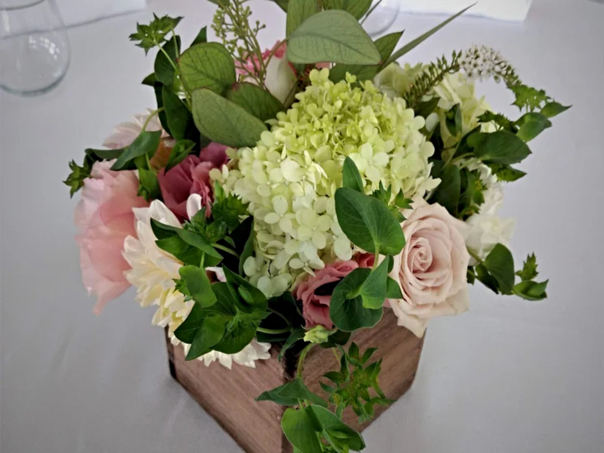Fresh Flower Arrangement in Wooden Container