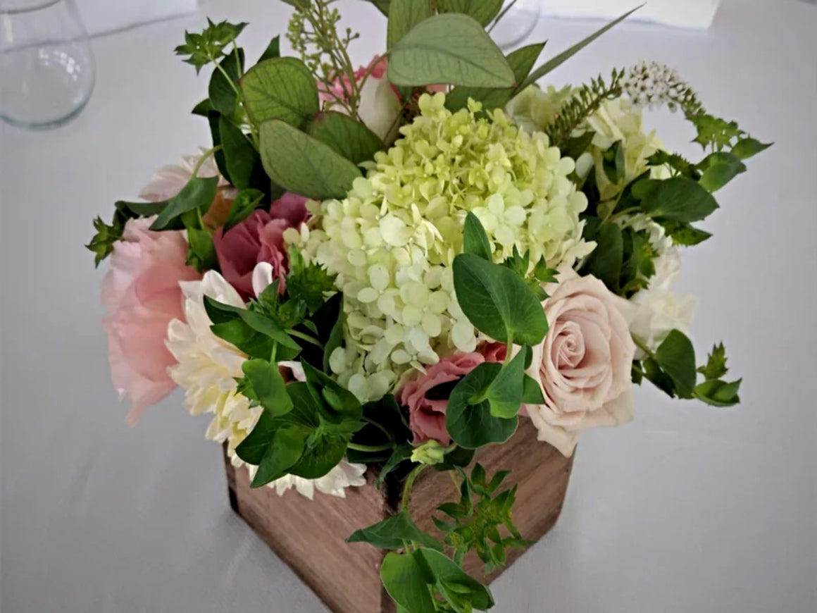Fresh Flower Arrangement in Wooden Container