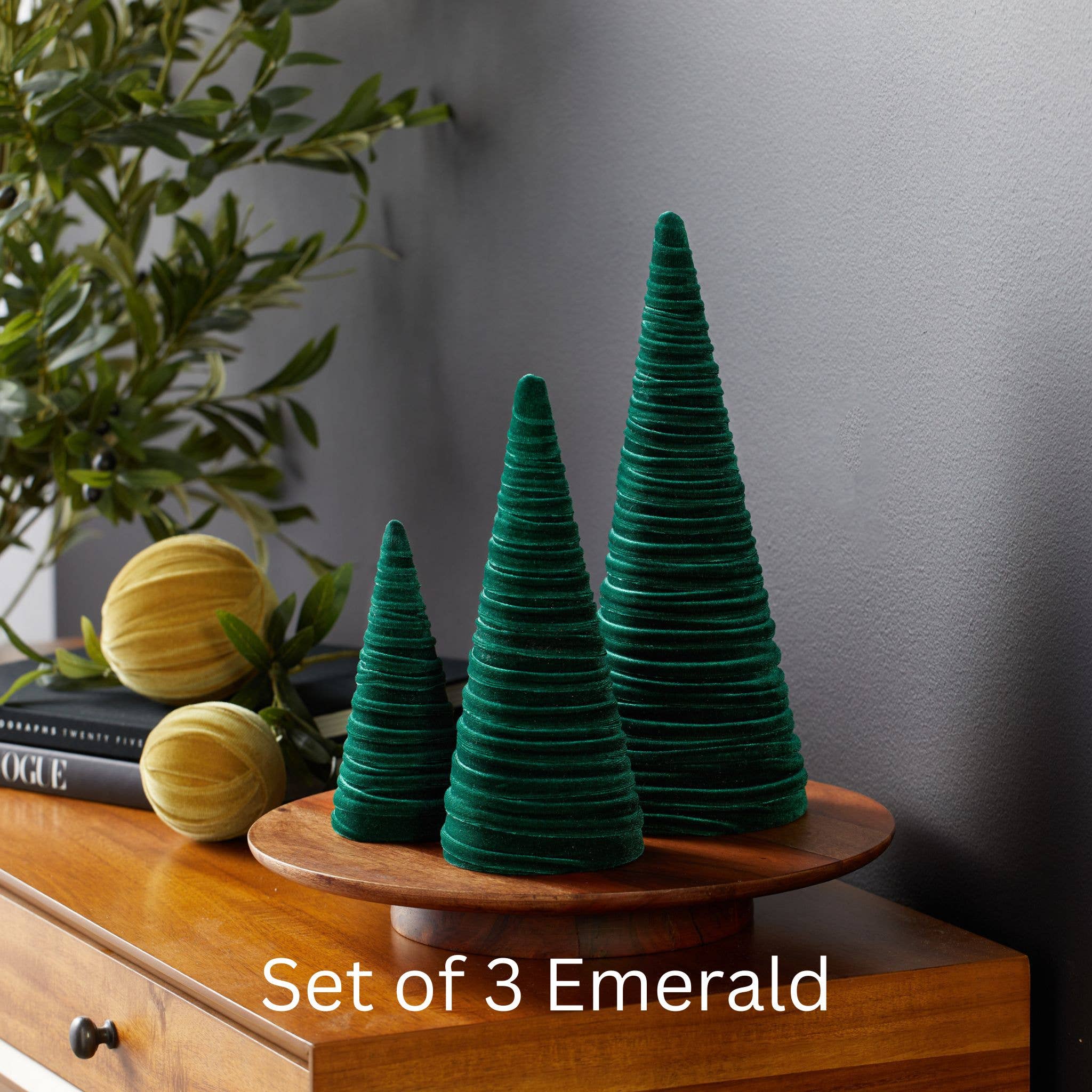 Trees Velvet Set of 3 Holiday Tabletop, Sophisticated Decor: Emerald