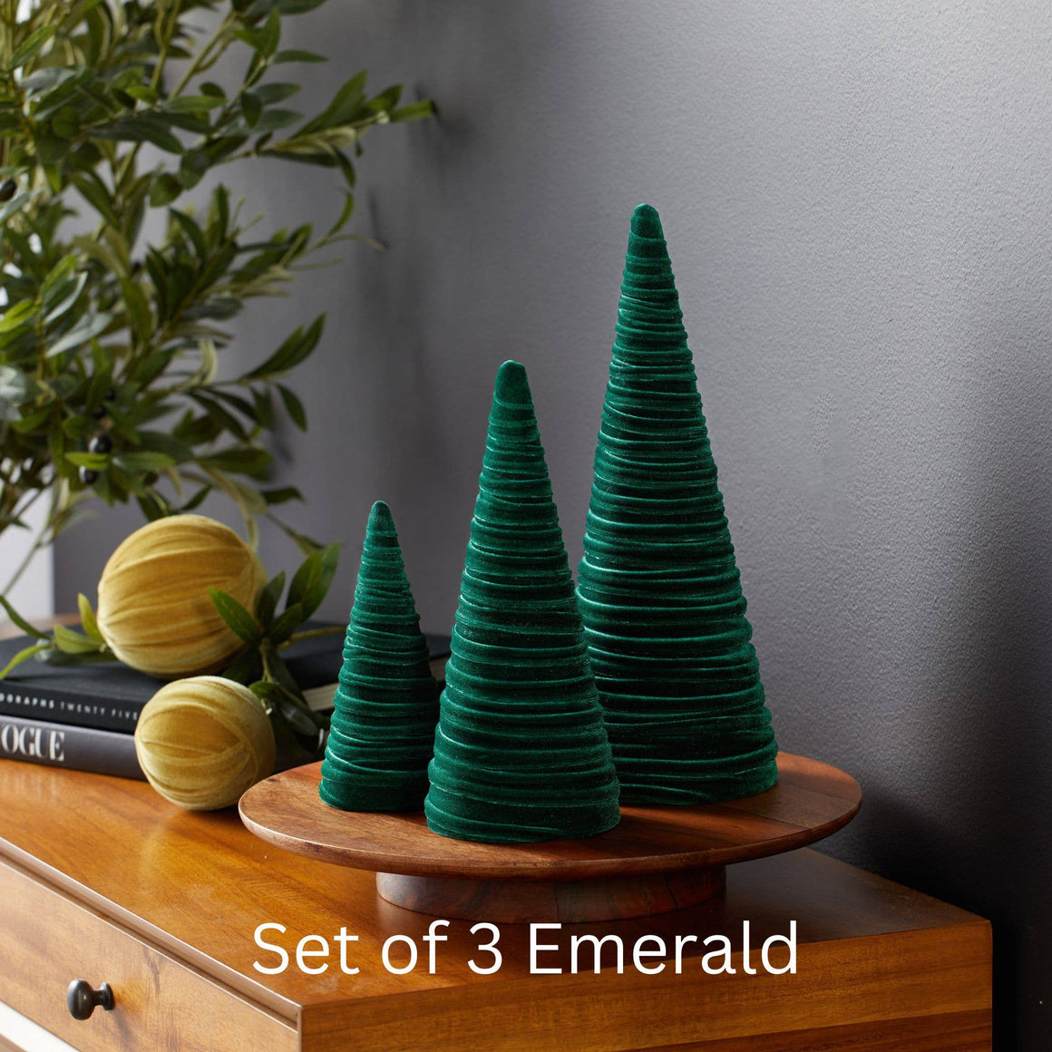 Trees Velvet Set of 3 Holiday Tabletop, Sophisticated Decor: Emerald