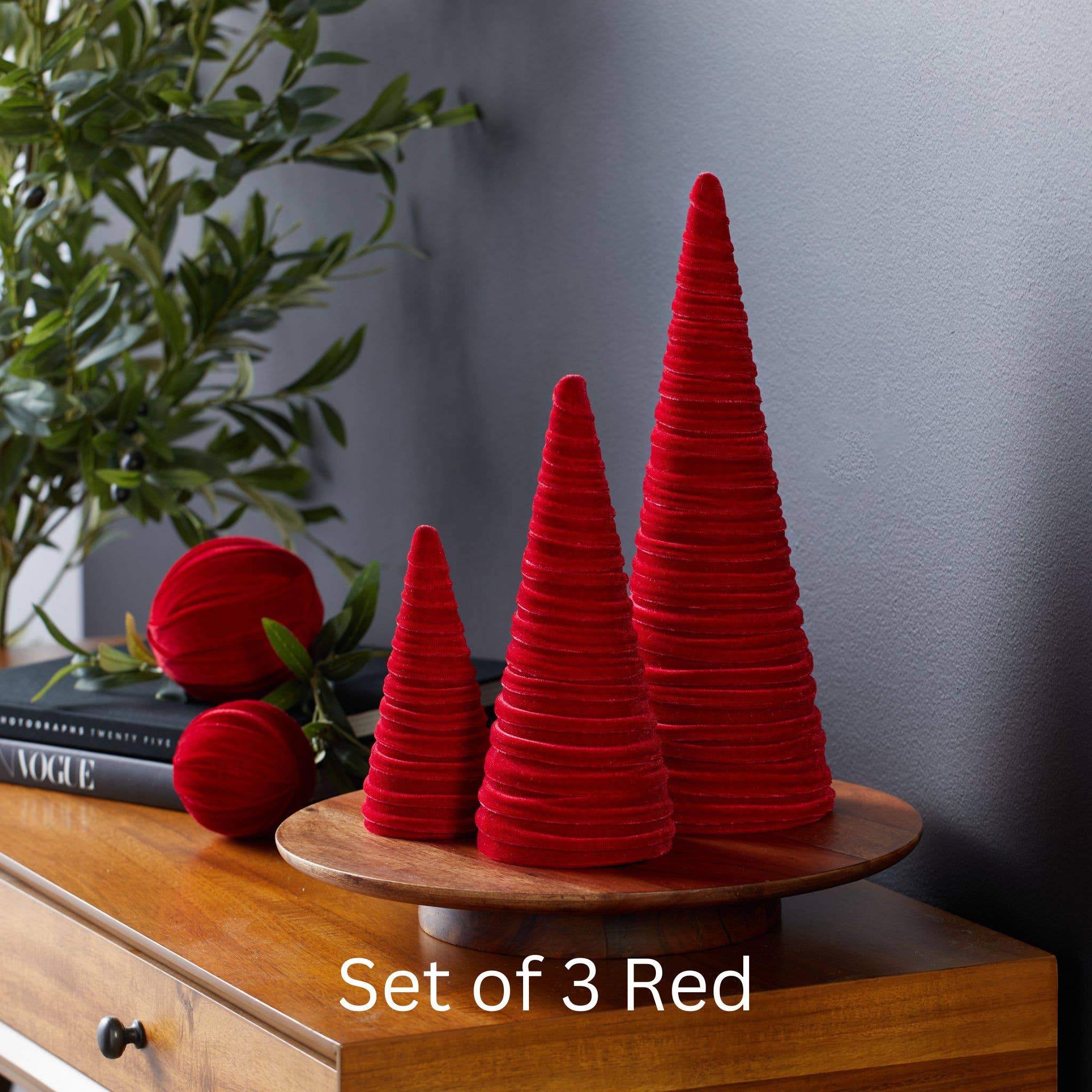 Trees Velvet Set of 3 Holiday Tabletop, Sophisticated Decor: Red