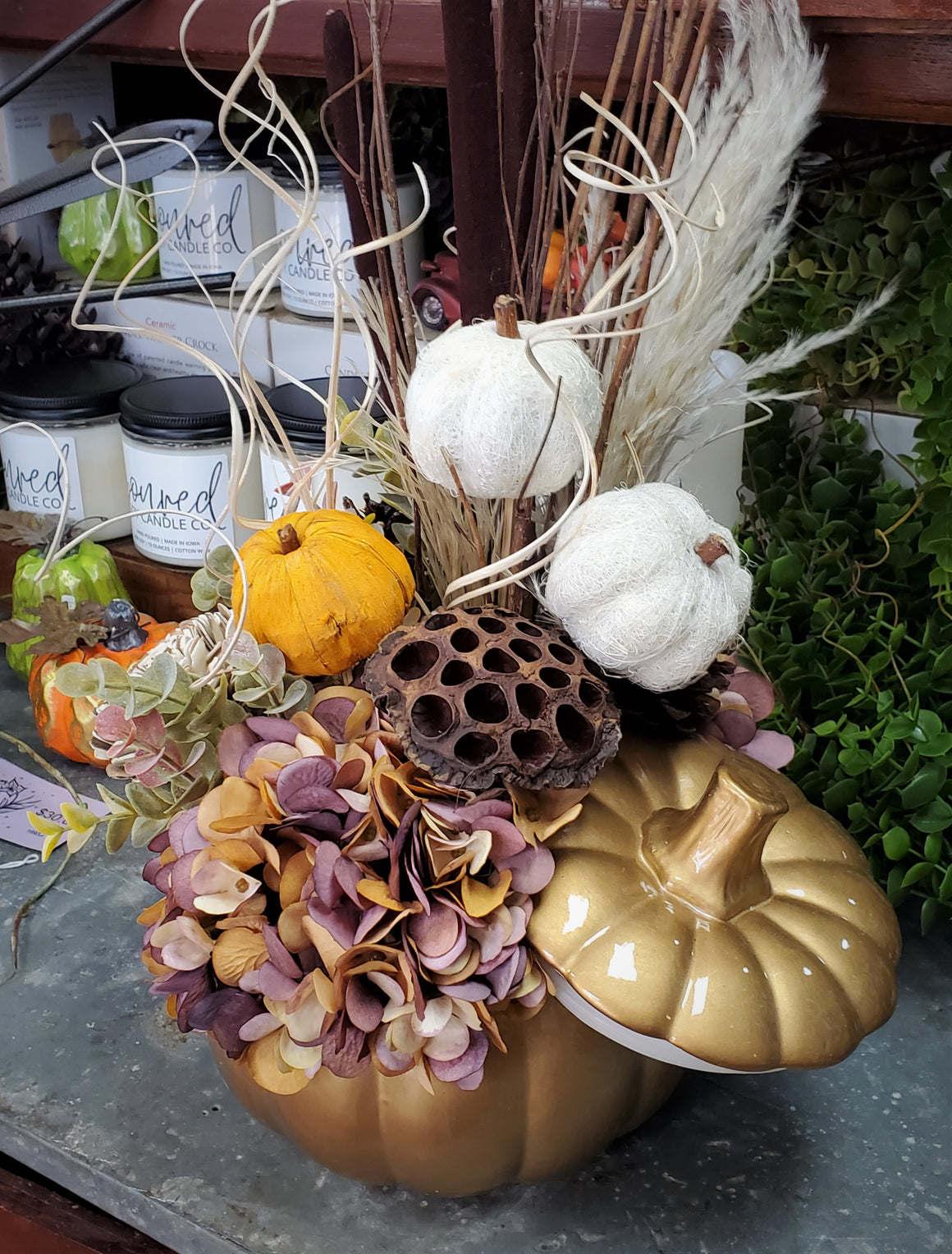 Fall or Halloween Silk and Dried Floral Arrangment/Pumpkin Container