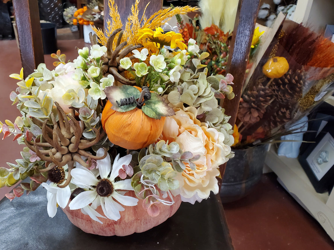 Fall or Halloween Silk Floral Arrangment/Pumpkin Container